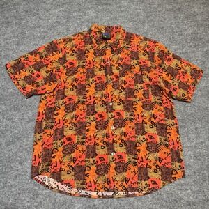 VTG 90s Big Hed Designs Funky Hawaiian Shirt Button Up Large Orange Made In USA